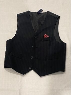 Class Club Black Pinstripe Formal Vest with Red Pocket Square